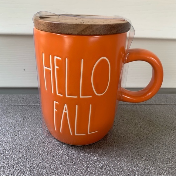 Rae Dunn HELLO FALL Orange Coffee Mug w/ Wood Top - Picture 1 of 3